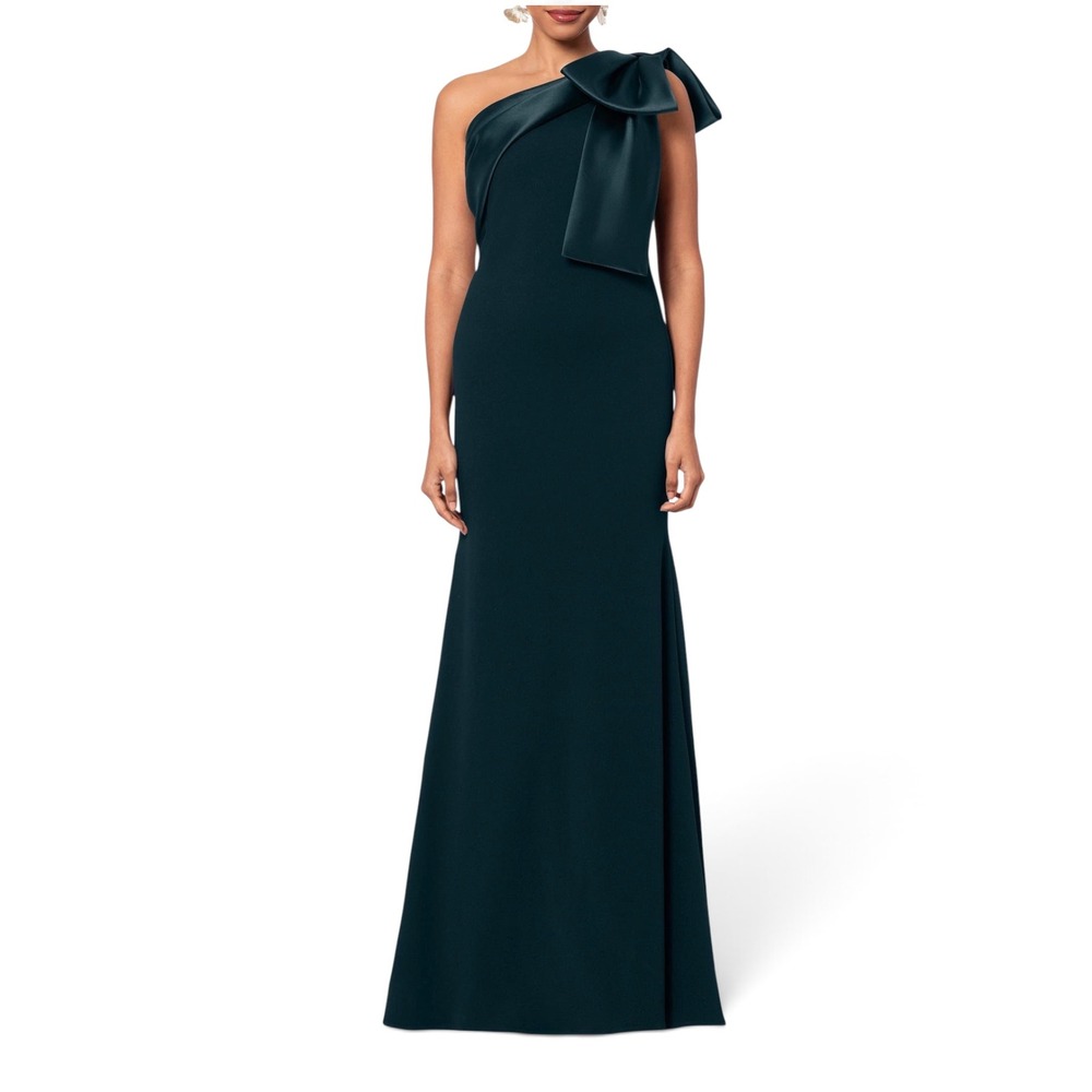 NEW BETSY & ADAM Bow One-Shoulder Crepe Mermaid Gown Green Size 6